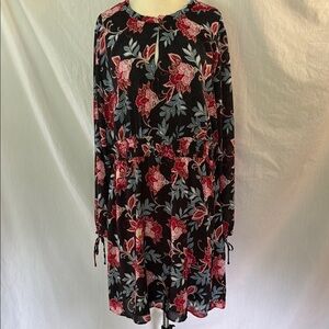 LOFT Black Red Long Sleeve Dress Size Large, Floral Print, Elastic Waist, Lined